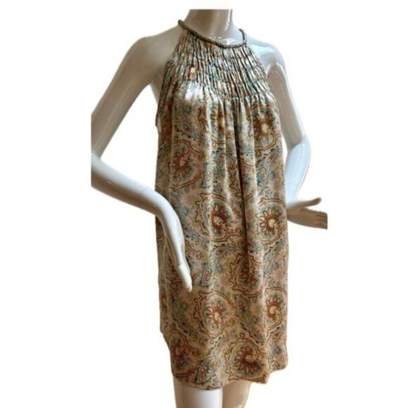 ZARA MINI DRESS TUNIC 100% SILK SMOCKED NECK HALTED PAISLEY ICONIC CHIC SZ M - Picture 1 of 16